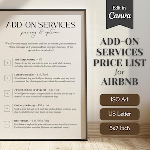 Lista de precios de servicios adicionales para anfitriones de Airbnb; Precios de servicios adicionales; Plantilla Canva personalizable; Tamaño A4, Carta EE. UU.; Precios de servicios de limpieza