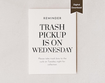 Trash Day is Wednesday Sign; Printable Garbage Guide for Airbnb Host VRBO Rental Landlord; Editable Template; A4, US Letter, 5x7, 8x10