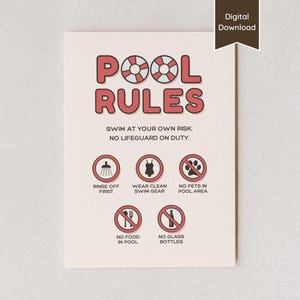 Pool Rules & Safety Sign for Airbnb, Short-term Vacation Rental; Beach House Party; A4,US Letter,5x7,8x10; Printable PDF / Editable Template
