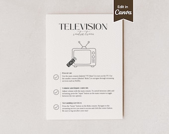 Panneau Instructions pour la télévision Airbnb ; Roku TV, Netflix/Guide des chaînes ; Guide de l'utilisateur des paramètres de la télécommande du téléviseur ; Modifier et imprimer ; A4, Lettre US, 5 x 7, 8 x 10