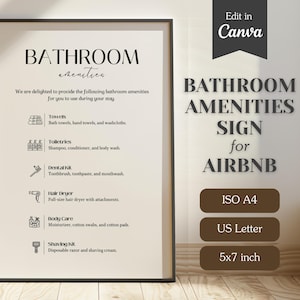 Lista de artículos de baño para Airbnb; Letrero con artículos de tocador y esenciales de cortesía para alquiler; Carta de EE. UU., A4, 5x7; PDF imprimible y plantilla