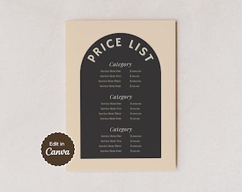 Price List Template; Pricing Sheet for Small Business, Nail Salon, Lash Tech, Barber Shop, Hair Stylist, Esthetician; Customizable on Canva