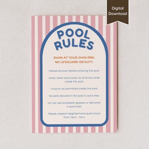 Zwembadregels en veiligheidsbord; Korte termijn verhuur via Airbnb; Instructies voor poolparty; A4, US Letter, 5 x 7, 8 x 10; Afdrukbare pdf/bewerkbare sjabloon