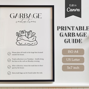 Letrero con instrucciones para la basura de Airbnb / Guía de clasificación de basura / Plantilla de Canva totalmente personalizable / A4, Carta (EE. UU.), 5x7 / Descarga imprimible