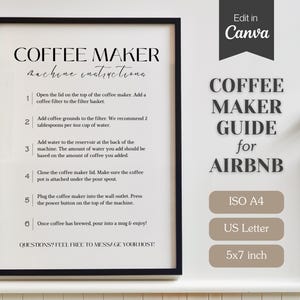 Letrero con instrucciones para cafeteras para Airbnb o alquileres a corto plazo; letrero imprimible en PDF y editable; guía para cafeteras; tamaño A4, carta (EE. UU.), 5x7