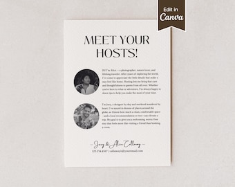 Signe Meet Your Hosts pour la location AirBnB ; Accueil / Présentation des invités VRBO ; Notes d'idées d'hébergement ; Modèle Canva ENTIÈREMENT personnalisable