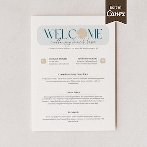 Beach House Airbnb Welcome Sign; Nautical Seaside Shell Ocean Theme; Printable Template; Customizable on Canva; Wifi, Rules, Contact Info