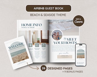 Modelo de Livro de Boas-Vindas para Airbnb na Praia; Guia para Casa de Praia; Formatos A4 e Carta; Pasta para Anfitriões de Aluguel de Temporada; Editável no Canva; Aluguéis de Curta Duração