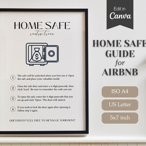 Letrero con guía de funcionamiento segura para el hogar de Airbnb; instrucciones para usar el sistema de casilleros; letrero para alquiler a corto plazo; editar e imprimir; A4, carta de EE. UU., 5 x 7