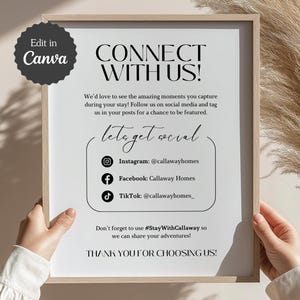 Letrero "Seamos sociales" para Airbnb; Conéctate con nosotros en Instagram, Facebook, TikTok, Twitter; Carta de EE. UU., A4, 5x7; Plantilla de Canva personalizable
