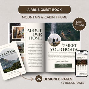 Mountain Lodge Airbnb Welcome Book Template; Hill Cabin Vacation Rental; Host Guide; Canva Template; A4, US Letter; Short-term Rental Binder