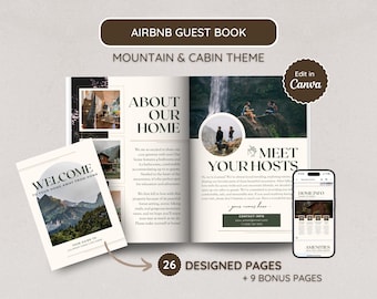 Modèle de livre de bienvenue Airbnb Mountain Lodge ; Chalet à louer sur la colline ; Guide de l'hôte ; Modèle de toile ; A4, lettre US ; Cartable de location courte durée