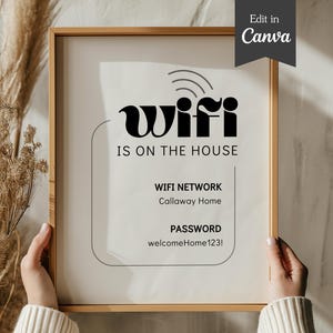Letrero de contraseña de WiFi moderno y elegante; tamaño carta (A4, 5x7); plantilla Canva totalmente personalizable, editable e imprimible; para pequeñas empresas, Airbnb y oficinas.