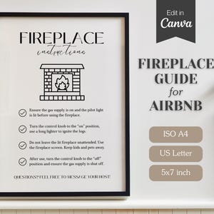 Letrero con instrucciones para chimenea de Airbnb; Cómo usar y operar leños para fuego en interiores; Guía de seguridad para hornos; Imprimir y/o editar; A4, Carta (EE. UU.), 5x7