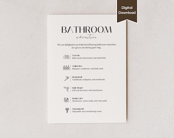 Bathroom Amenities List for Airbnb Rental; Complimentary Toiletries / Essentials Sign; US Letter, A4, 5x7, 8x10; Printable PDF and Template
