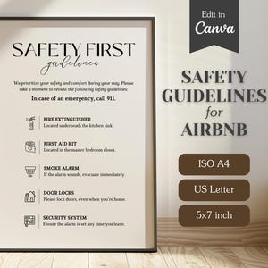 Pautas de seguridad para alquileres a corto plazo en Airbnb; Letrero con instrucciones para seguridad contra incendios, primeros auxilios, cerraduras y alarmas; A4, carta, 5x7; Editable