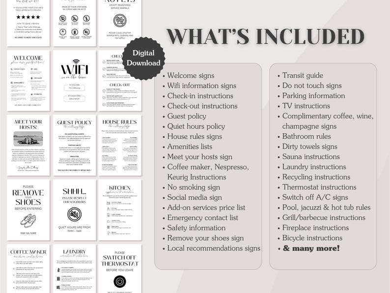 Pacote com mais de 100 placas para Airbnb: Boas-vindas, Comodidades, Regras, Instruções e muito mais; Modelos editáveis do Canva; Formatos Carta (EUA), A4 e 5x7; Download para impressão imagem 3