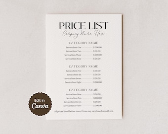 Modèle de liste de prix ; Grille de prix pour les petites entreprises, les salons de manucure, les cils, les salons de coiffure, les coiffeurs, les esthéticiennes et les esthéticiennes ; Personnalisable sur Canvas