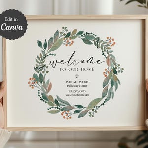 Letrero de bienvenida wifi; Carta estadounidense, A4, 5x7; Letrero para casa, habitación de invitados, oficina, cafetería; Plantilla de Canva personalizable; Editar e imprimir; Floral bohemio