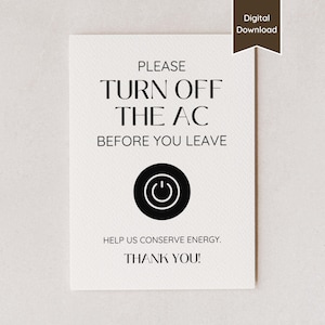 Switch Off AC Sign for Airbnb; Turn off Thermostat / Heater; Save, Conserve Energy; US Letter, A4, 5x7, 8x10; Printable PDF & Canva Template