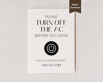 Switch Off AC Sign for Airbnb; Turn off Thermostat / Heater; Save, Conserve Energy; US Letter, A4, 5x7, 8x10; Printable PDF & Canva Template