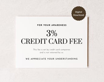 Credit Card Fee Sign 3%; Cash Preferred Policy Card for Boutique Retail Shop Farmers Market Pop Up Small Business; Multiple Size Options