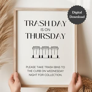 Letrero "El Día de la Basura es el Jueves"; Plantilla de Canva personalizable; Información sobre basura, reciclaje y compostaje; Sacar la basura; A4, Carta de EE. UU., 5x7; Editar e imprimir