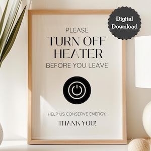 Letrero "Apagar la calefacción" para Airbnb; Apagar el termostato y el aire acondicionado; Ahorrar energía; Carta (EE. UU., A4, 5 x 7); Plantilla imprimible y Canva.