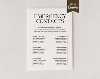 Emergency Contacts / Phone Number List for AirBnB Rental; Local Hospital, Urgent Care, ER, Vet; Customizable Canva Template; Edit and Print
