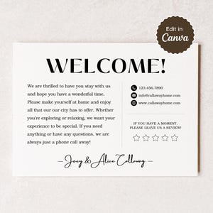 以下が含まれることがあります： WELCOME!と書かれた黒いテキストが特徴の白い長方形のウェルカムカード。ゲストへのメッセージ、連絡先情報、5つ星のレビュー依頼、そして下部にはJoey & Alice Callawayという名前が記載されています。