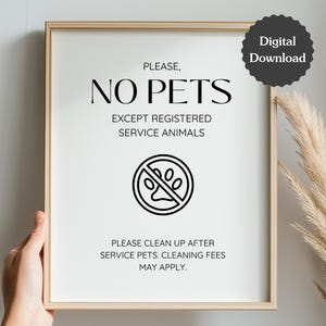 Letrero de Airbnb que dice "No se permiten mascotas"; Solo animales de servicio; Por favor, limpie los desechos de su mascota; Carta de EE. UU., A4,5 x 7; Letrero imprimible y plantilla editable de Canva