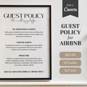Letrero con política de huéspedes para Airbnb; totalmente personalizable en Canva; tamaño A4, carta de EE. UU.; plantilla imprimible y editable; normas adicionales para huéspedes en alquileres.