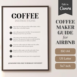 Letrero con instrucciones para cafeteras para Airbnb o alquileres a corto plazo; letrero imprimible en PDF y editable; guía para cafeteras; tamaño A4, carta (EE. UU.), 5x7