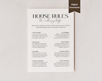 Panneau minimaliste du règlement intérieur ; Instructions et livret de règles pour la location à court terme ; A4, lettre US, 5 x 7, 8 x 10 ; PDF imprimable et modèle modifiable