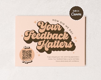 Code QR de demande de commentaires ; Laissez un commentaire ; Petite entreprise, esthéticienne, poseur de ongles, gardien de chien, location courte durée/Airbnb ; Style rétro groovy