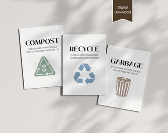 Placas informativas imprimíveis sobre lixo, compostagem e reciclagem; Placas de separação de lixo para Airbnb, imóveis para alugar, residências, escritórios e pequenas empresas; Guia ecológico
