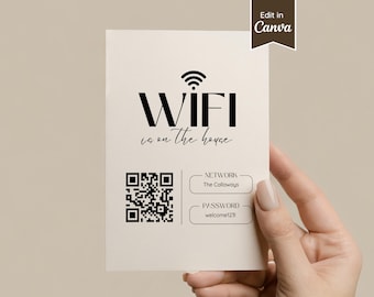 Wifi QR Code Card Sign, Customizable Template, (Digital Download), A4, US Letter, 5x7, 8x10