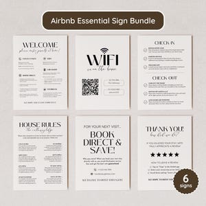 May include: An Airbnb Essential Sign Bundle with six signs. The signs include text such as "Welcome", "WiFi", "Check In", "Check Out", "House Rules", and "Thank You". The design is minimalist, using a neutral colour scheme.