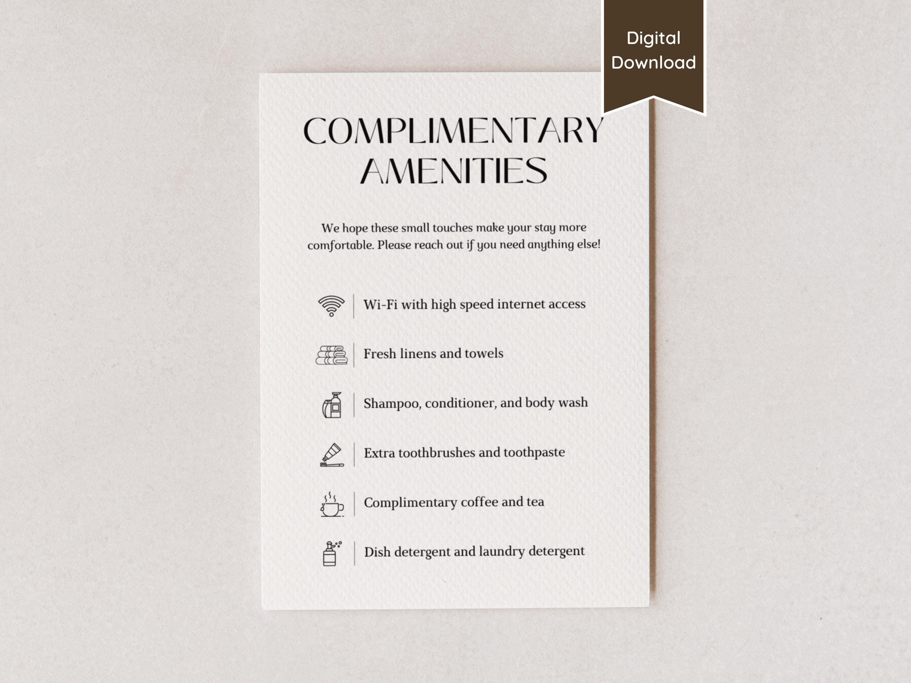 Complimentary Amenity List for Airbnb Hosts; A4, US Letter, 5x7, 8x10 ...
