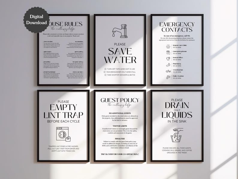 Pacote com mais de 100 placas para Airbnb: Boas-vindas, Comodidades, Regras, Instruções e muito mais; Modelos editáveis do Canva; Formatos Carta (EUA), A4 e 5x7; Download para impressão imagem 10