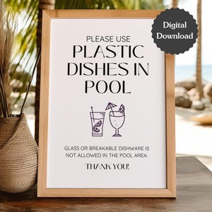 Letrero de Airbnb que dice "Use platos de plástico en la piscina"; reglas e instrucciones de seguridad para la piscina; carta de EE. UU., A4,5 x 7; letrero imprimible y plantilla personalizable de Canva