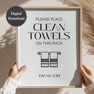 Letrero "Toallas limpias" en Airbnb; Coloque las toallas sin usar en el cesto/estante; Letrero de lavandería; Carta (EE. UU., A4, 5x7); Letrero imprimible y plantilla personalizable.