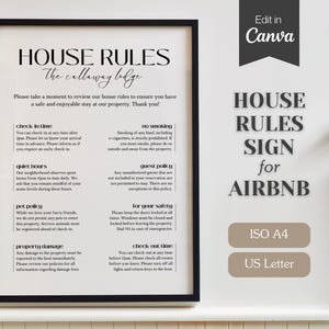 Letrero minimalista con las normas de la casa; instrucciones y reglamento para alquileres vacacionales; tamaño carta (EE. UU.) y A4; plantilla imprimible en PDF y editable.