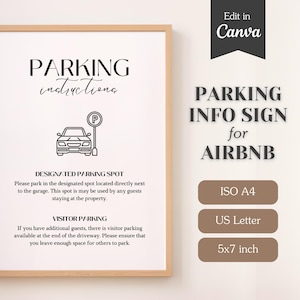 Instrucciones de estacionamiento para huéspedes de Airbnb y alquileres a corto plazo; Por favor, estacione en este lugar; Carta (A4, 5x7) (EE. UU.); Letrero imprimible y plantilla editable.