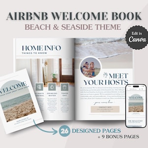 Plantilla de libro de bienvenida de Airbnb para la playa; Guía de casas de playa; A4 y carta; Carpeta para anfitriones de alquileres vacacionales; Canva editable; Alquileres a corto plazo