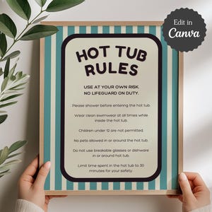 Señal de normas y seguridad para jacuzzis en Airbnb o VRBO; plantilla personalizable de Canva; tamaño A4, carta de EE. UU.; instrucciones para piscina y jacuzzi; diseño de rayas azules.