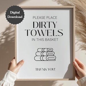 Letrero de Airbnb que dice “Las toallas sucias van aquí”; coloque las toallas usadas en la cesta; letrero de lavandería; carta de EE. UU., A4,5 x 7; letrero imprimible y plantilla de Canva personalizable