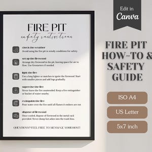 Letrero con instrucciones para fogatas; Cómo usar y operar una fogata al aire libre; Guía de seguridad contra incendios; Airbnb, alquiler; Imprimir y/o editar; A4, Carta de EE. UU., 5x7