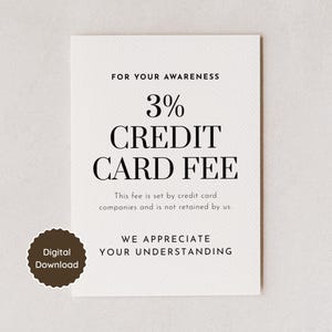 Puede incluir: Un letrero rectangular blanco con texto negro que dice: FOR YOUR AWARENESS 3% CREDIT CARD FEE. This fee is set by credit card companies and is not retained by us. WE APPRECIATE YOUR UNDERSTANDING. Una insignia circular marrón oscuro dice Digital Download.