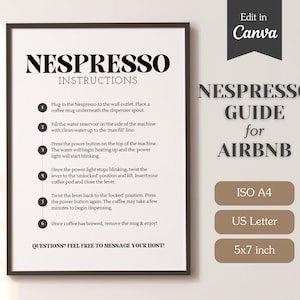 Letrero con instrucciones para cafetera Nespresso para Airbnb o alquileres a corto plazo; letrero imprimible en PDF y editable; guía de la cafetera; tamaño A4, carta (EE. UU.), 5x7